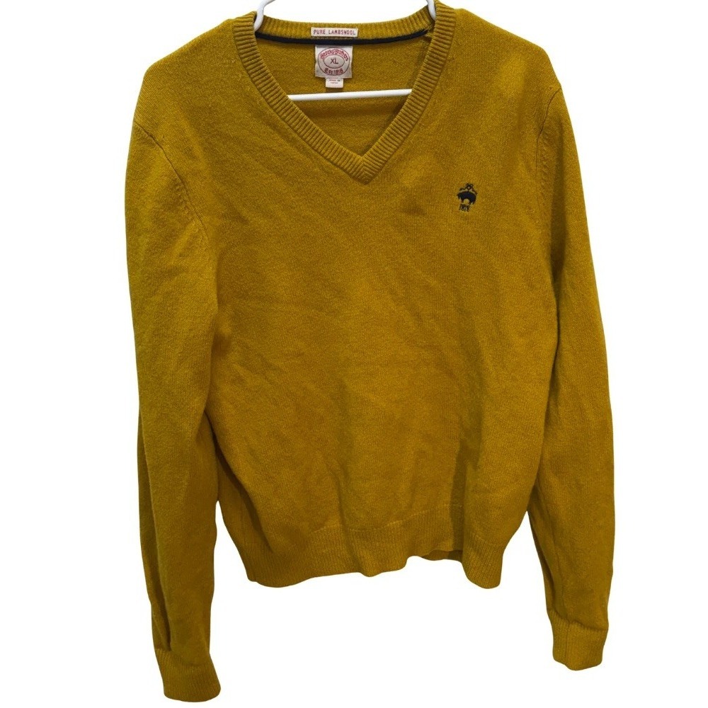 Brooks Brothers Lambswool V Neck Sweater Mens XL Mustard Yellow Preppy Academia